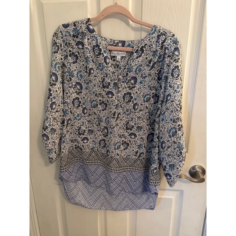 Kim Rogers Blue and White 3/4 Sleeve Blouse with Mandarin Collar